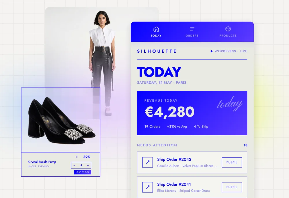 Painel de gerenciamento de loja WooCommerce para celular criado com Sticklight